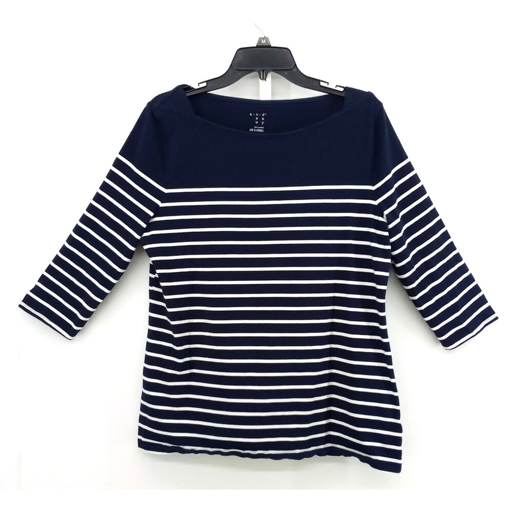 A New Day Shirt Women Plus Size 2XL Blue White Striped 3/4 Sleeve Boat Neck Top